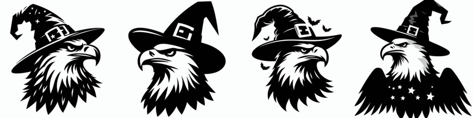 Illustration of four eagles wearing witch hats in a creative black and white design, perfect for Halloween themes.