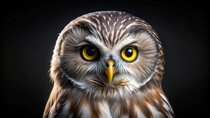 Fototapeta premium A close-up portrait of a brown and white owl with bright yellow eyes, its gaze piercing through the darkness, a sense of mystery and intrigue.