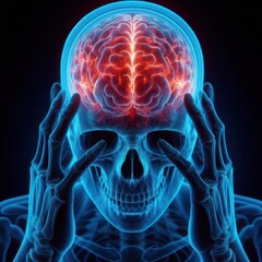 Fototapeta premium 3D X-ray Illustration of Human Skull with Brain Highlighted in Red, Depicting Pain or Headache