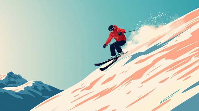 skier jumping on a ski slope, skiing on ski resort, minimalist flat illustration, vector art poster, ski poster, Ultra-high resolution