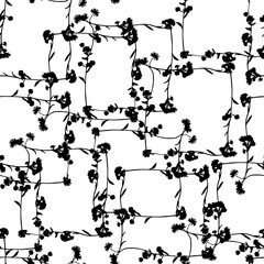Abstract black silhouette of flowers on white background seamless pattern.