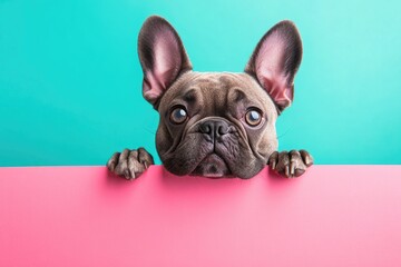A cute French bulldog peeking over the edge of an empty pink billboard.