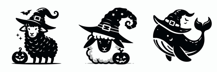 Fototapeta premium Whimsical Halloween animals in hats featuring a sheep, a bat, and a whale, perfect for seasonal decorations and playful designs.