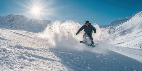 Snowboarder carving through fresh powder on a sunny mountain slope, surrounded by breathtaking snow-covered peaks and clear blue sky.