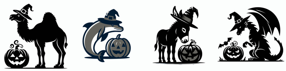 Whimsical Halloween illustrations featuring animals with pumpkins and witch hats, perfect for festive designs and decorations.