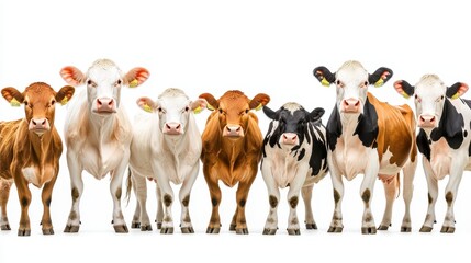 A group of cows on a white background, showcasing their various breeds and colors, ideal for educational or promotional purposes.