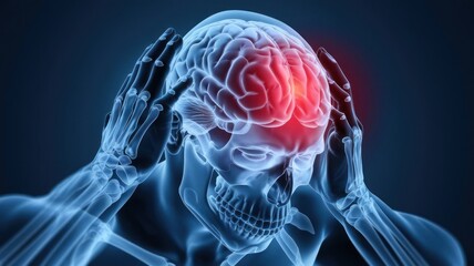 3D X-ray Illustration of Human Skull with Brain Highlighted in Red, Depicting Pain or Headache