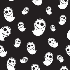 Ghost seamless pattern with ghosts on black background. Repeating print for fabric, wrapping paper, textile. Vector illustration