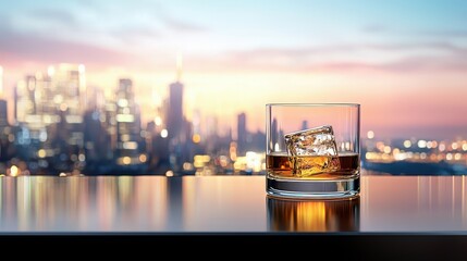 Obraz premium A high-rise view with a whiskey glass in the foreground, capturing the glow of the city lights and a refined city experience.