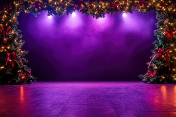 photograph of a purple background stage with red and green christmas garlands decoration in the corners with generative ai