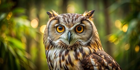 Obraz premium A majestic owl with piercing yellow eyes, framed by a vibrant green and yellow bokeh background. The owl's feathers are meticulously detailed, revealing the intricate beauty of nature's artistry.