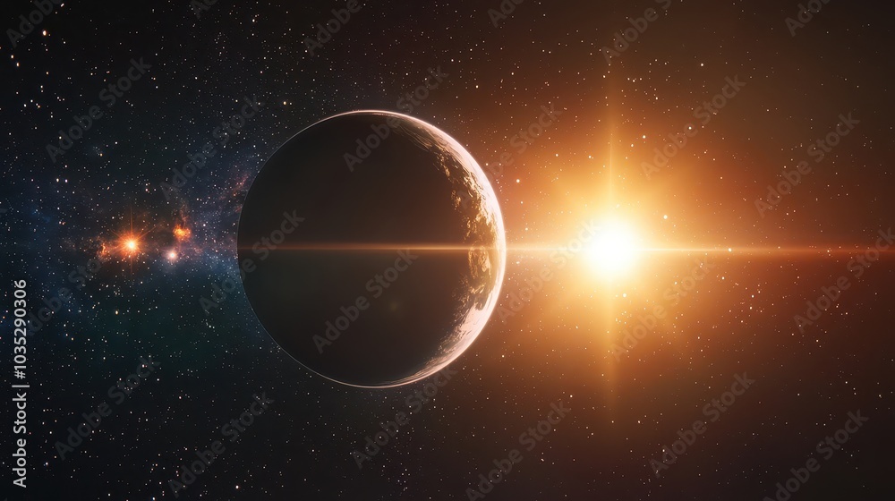 Wall mural a mesmerizing outer space view showing a dark planet silhouetted against the light of a distant sun,