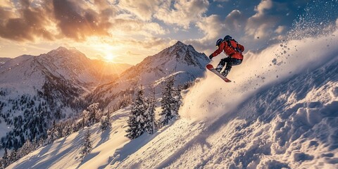 Snowboarder enjoying a thrilling downhill ride on a snowy mountain slope under a vibrant sunset in a winter wonderland landscape.