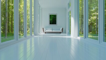 Modern beauty salon counter with shelves for products and plants on empty wall