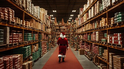 Obraz premium Santa walking through a festive warehouse filled with christmas decorations