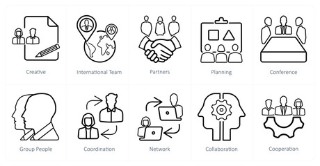 A set of 10 Teamwork icons as creative, international team, partners