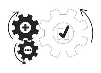 Business gears connect black and white 2D line object. Cogs process automation. Integration join. Project management cogwheels isolated clip art vector outline item. Monochromatic spot illustration