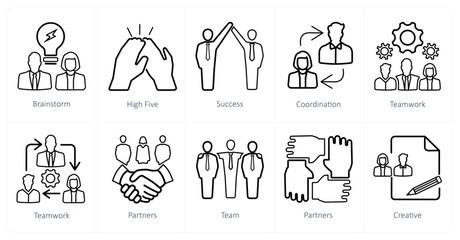 Fototapeta premium A set of 10 Teamwork icons as brainstorm, high five, succcess