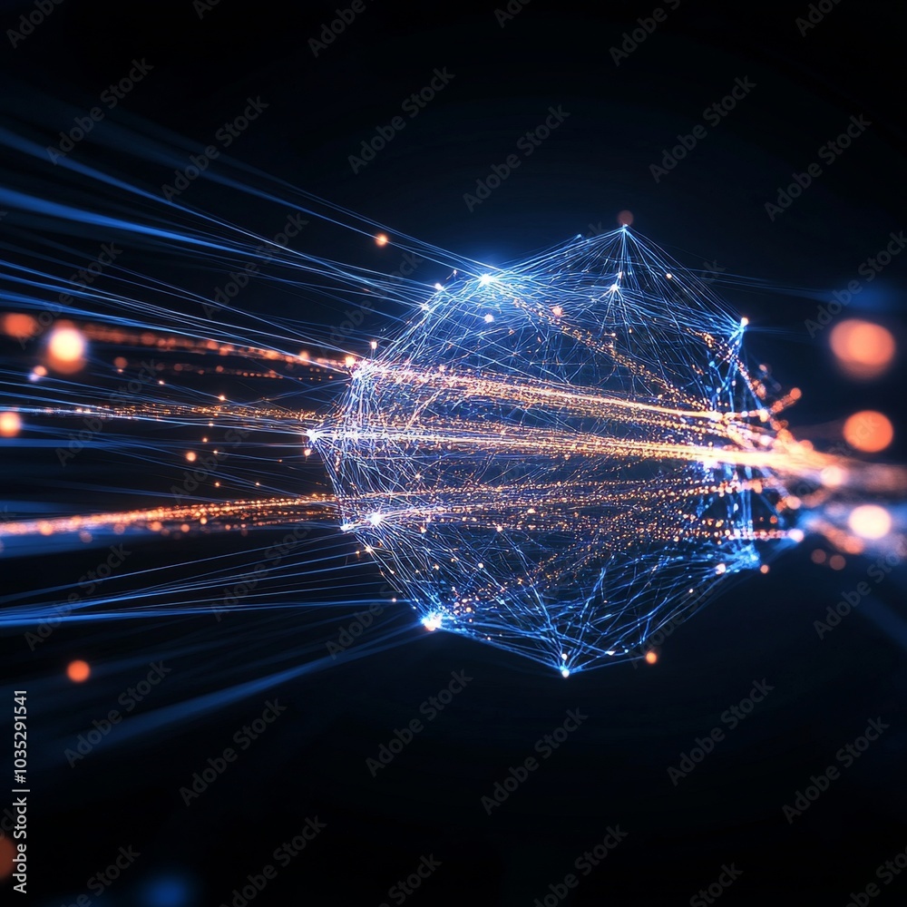 Poster Abstract Futuristic Technology Glowing Polygonal Shape with Data Streams and Particles.