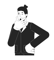 Caucasian male office worker rubbing chin black and white 2D line character. Business suit employee thoughtful pensive stroking chin isolated vector outline person. Monochromatic spot illustration
