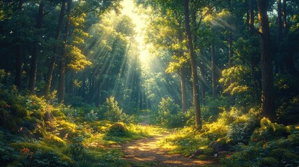 Obraz premium A peaceful forest scene with sunlight streaming through the branches of lush trees