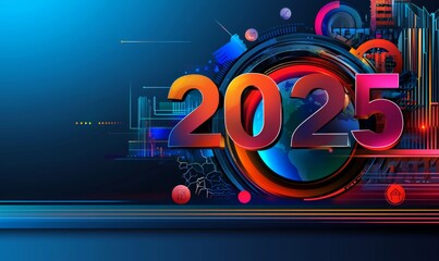 Colorful Logo with "2025" on an Earth Hologram Surrounded by Digital Elements