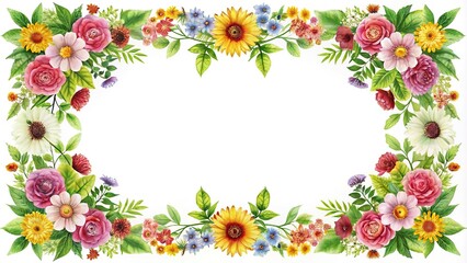 Fototapeta premium border frame with flowers and leaves on white background