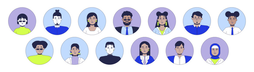 Multi-ethnic office workers 2D linear vector avatars illustration set. Diverse women men cartoon character faces portraits collection. Employees smart casual flat color user profiles images isolated