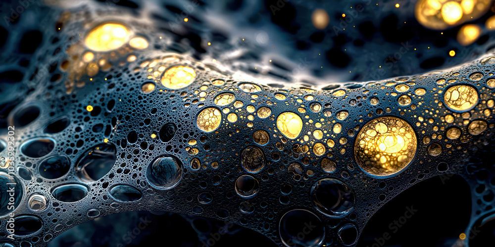 Poster a blurry image of a liquid with gold bubbles floating in it