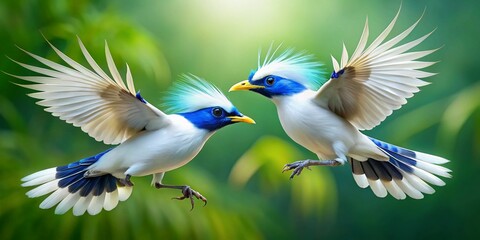 Obraz premium Bali Mynah Birds Flying Over Green Screen Transition - Colorful Crested Starlings in Long Exposure 4K Animation