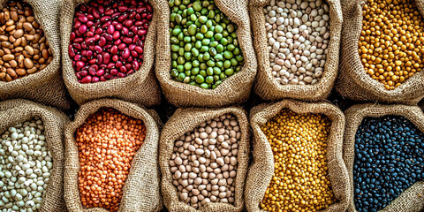A variety of beans and other legumes are displayed in bags