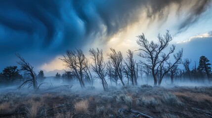 A Mystical Forest at Dawn with Fog and Dramatic Clouds