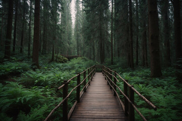 Fototapeta premium A small wooden bridge in the middle of the forest, filled with trees and plants beside it