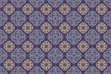 'Oriental flora damask seamless pattern embroidery, art ornament print.  Design for tile, carpet, cover, wallpaper, wrapping paper, fabric, clothing, bag, and decoration.