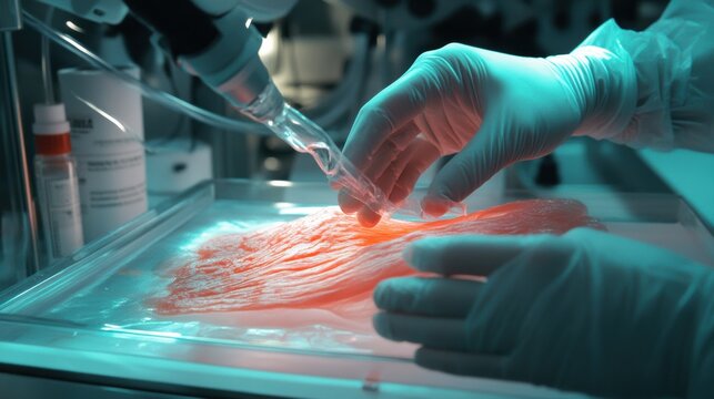 Bioengineered tissues, artificial skin or muscle being created, biolab technology, high-tech medical environment