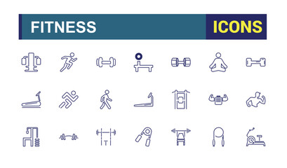 Set of line icons related to gym, fitness. Outline icon collection related to wellness, workout, exercise. Editable stroke. Vector illustration