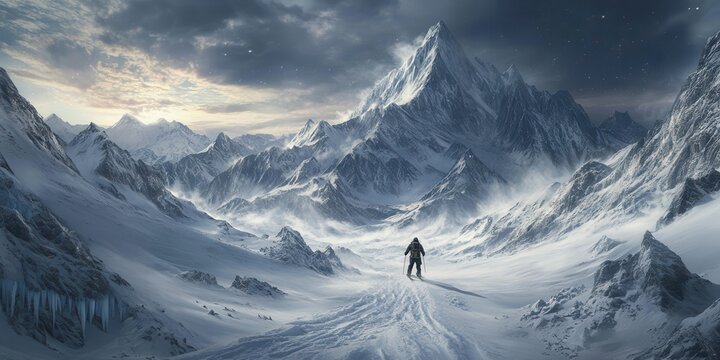 Solitary trekker in vast snowy mountains under dramatic sky, embracing adventure and solitude in a breathtaking winter landscape. - Powered by Adobe