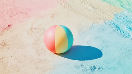 Obraz premium A beach ball with a yellow stripe is sitting on the sand