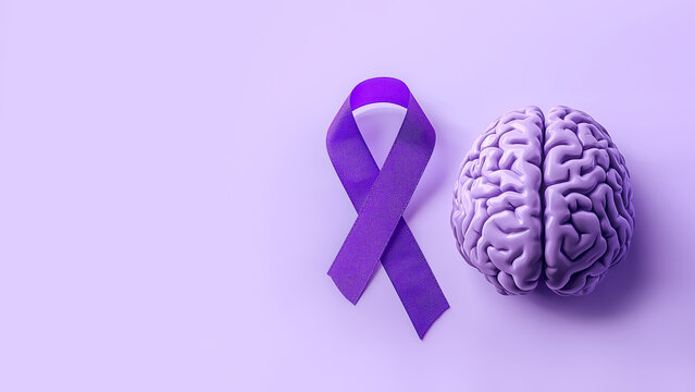 Purple awareness ribbon and brain symbolizing neurological health and support