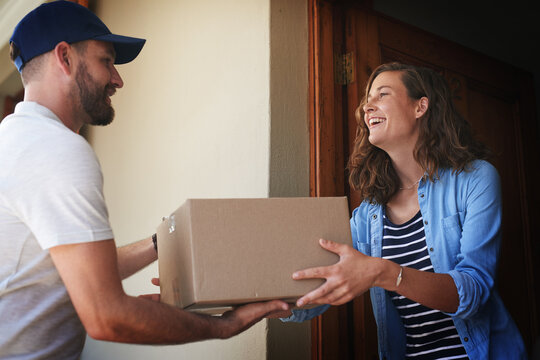 Woman, package and delivery man for courier at house with ecommerce, dropshipping and exchange service. People, giving and box for logistics product with distribution, freight safety and supply chain
