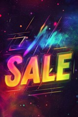 "SALE" written in bright, gradient rainbow colors with a glowing background of abstract geometric shapes.