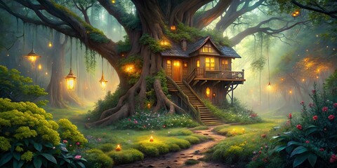 Obraz premium Enchanted Forest Abode, Illuminated by Hanging Lanterns and a Pathway Leading to a Mystical Treehouse