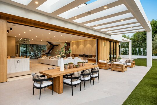 Modern luxury outdoor living space with wooden furniture.