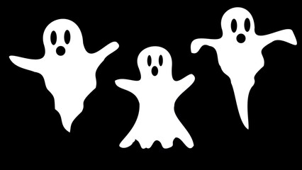 Set of cute ghosts isolated on transparent black background for Halloween holidays background or horror banner.
