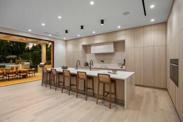 Modern kitchen interior with open outdoor dining area.