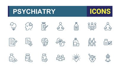 Psychiatry icons. Set of Psychology and mental thin linear style icons. Related to Treatment, Therapy, Psychological. Vector Illustration.
