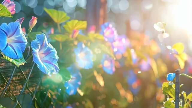 Colorful morning glories climbing a fence, Video