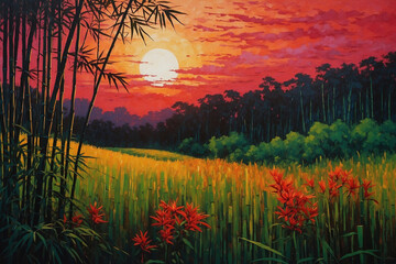 Painting with paint texture of flowers and bamboo forest at sunset with red sky