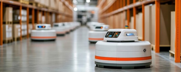 Smart warehouse robots collaborating, automated system, high-tech logistics