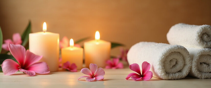 spa background with candles, rolled towels and flowers, serene atmosphere, banner for beauty salons, wellness centers, spa template